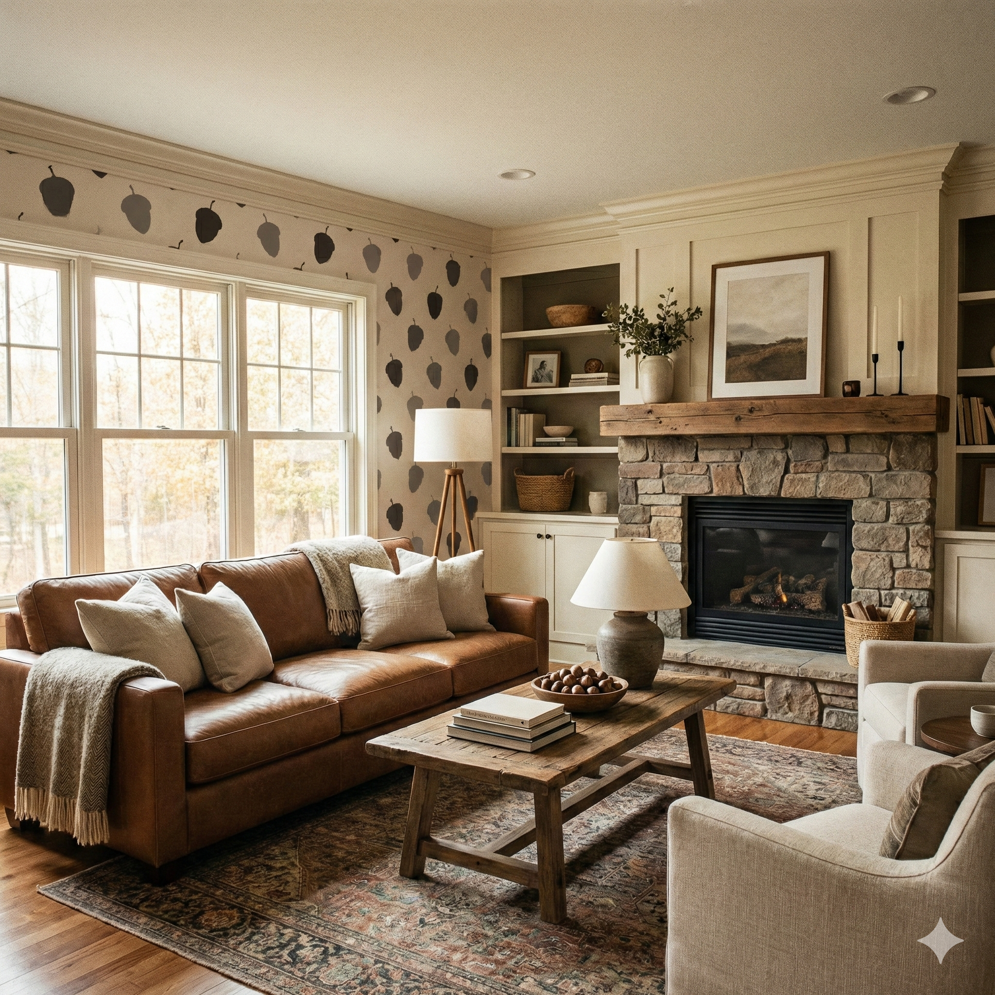 Quiet Yield Wallpaper with a repeating acorn pattern, in muted earth tones, covering a living room wall.
