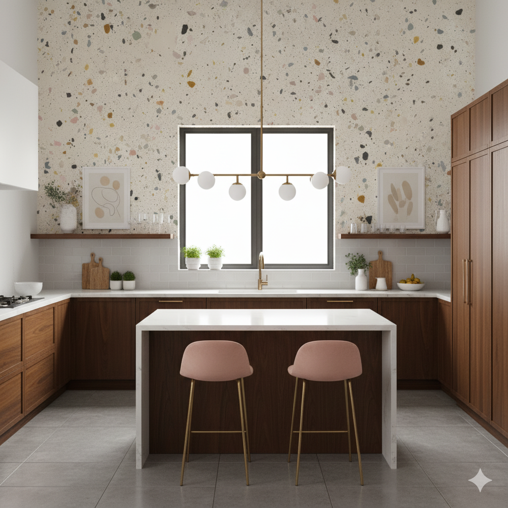 Grain wallpaper with terrazzo style patterning, designed for walls.
