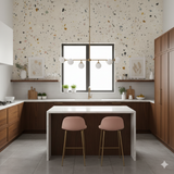 Grain wallpaper with terrazzo style patterning, designed for walls.

