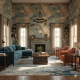 River marbling wallpaper with blue and beige pattern.
