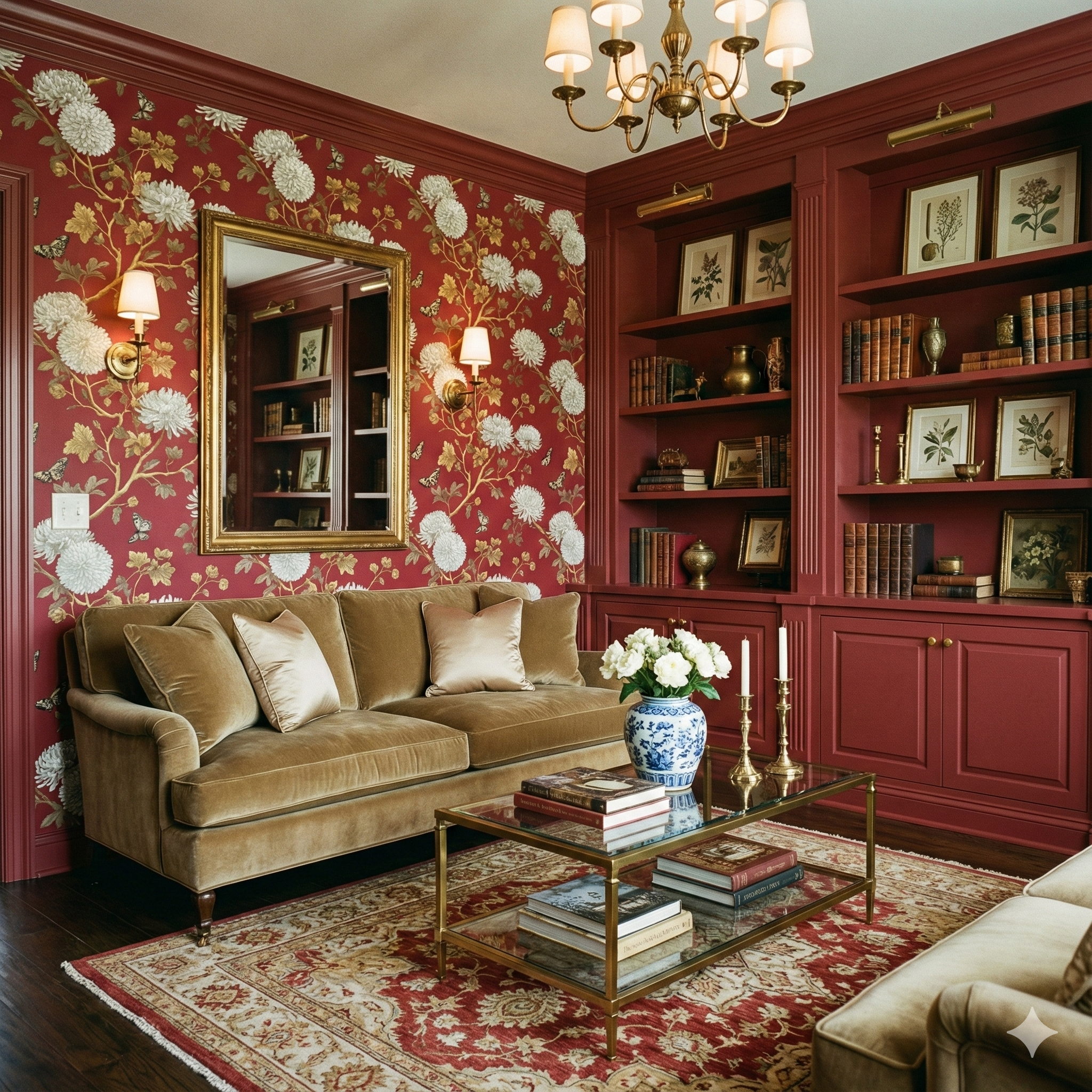 Floral crimson wallpaper with white chrysanthemums and gold butterflies on red background.