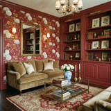 Floral crimson wallpaper with white chrysanthemums and gold butterflies on red background.