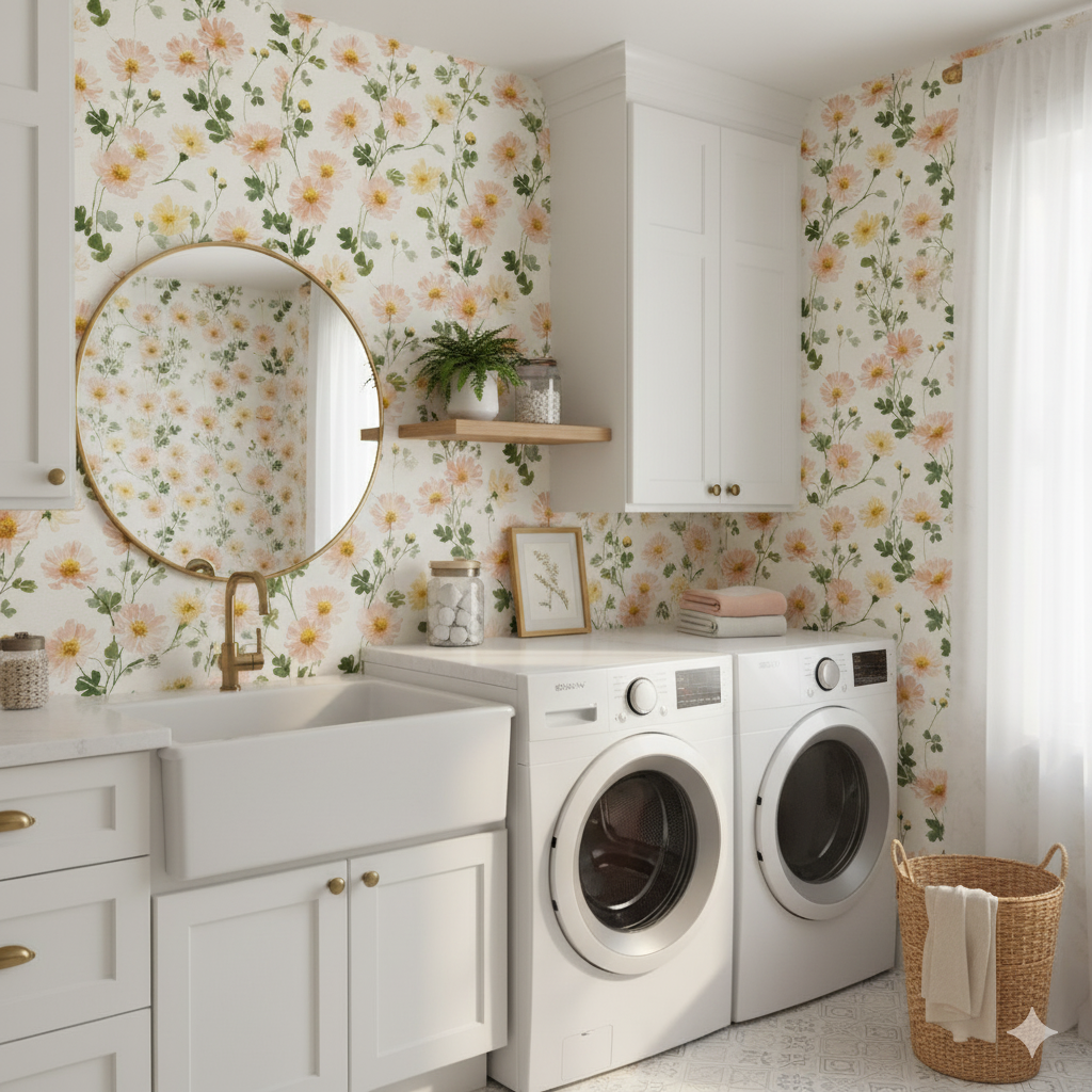 Blush Meadow Wallpaper with floral pattern, visible in a laundry room setting.
