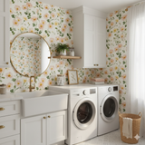 Blush Meadow Wallpaper with floral pattern, visible in a laundry room setting.