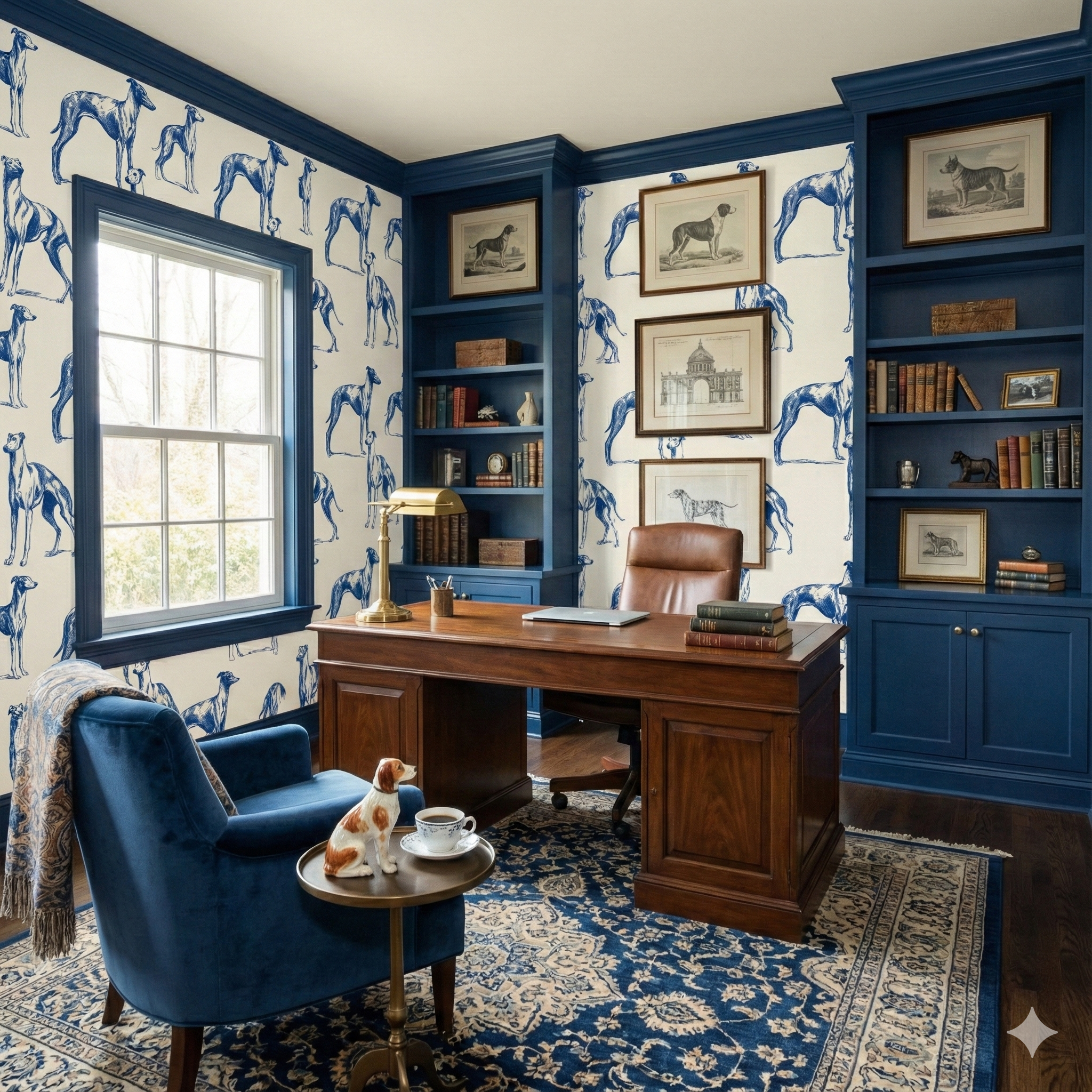 Fleetwater Hounds wallpaper with blue dog print, covering the walls of a home office.