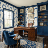 Fleetwater Hounds wallpaper with blue dog print, covering the walls of a home office.