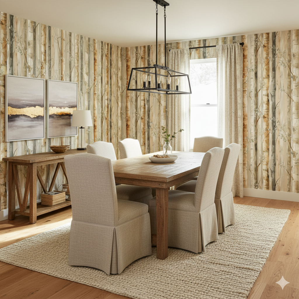 Birch tree wallpaper with white and brown pattern, styled in a dining room.
