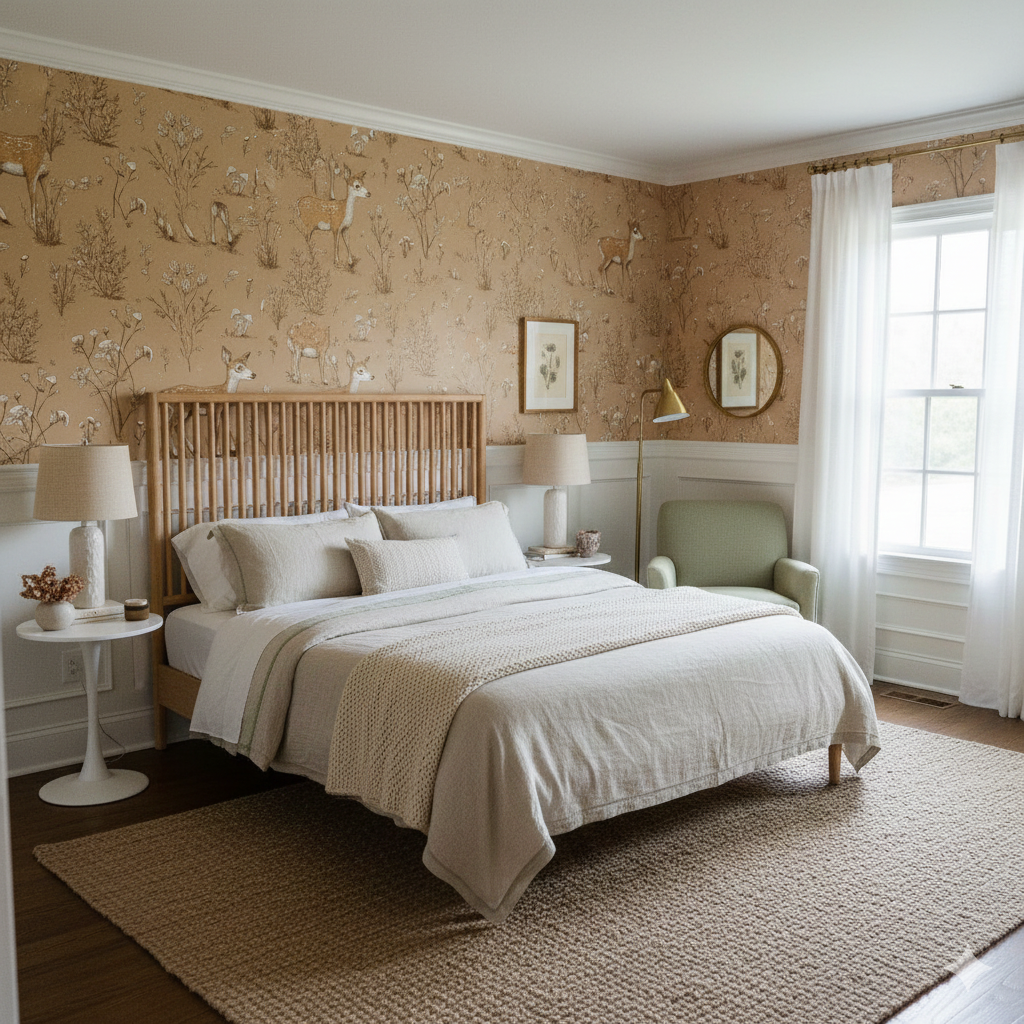 Fawnwood Sketch Wallpaper featuring deer and foliage on a beige background.
