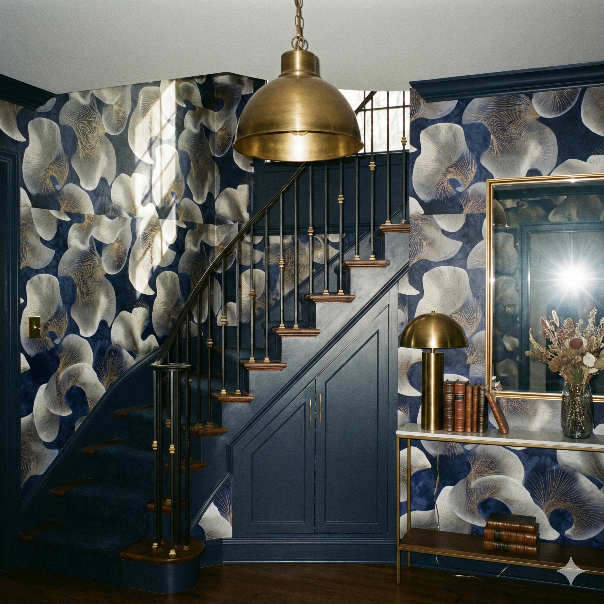Gilded petalum wallpaper with abstract floral pattern, on a wall with a staircase and antique furnishing.
