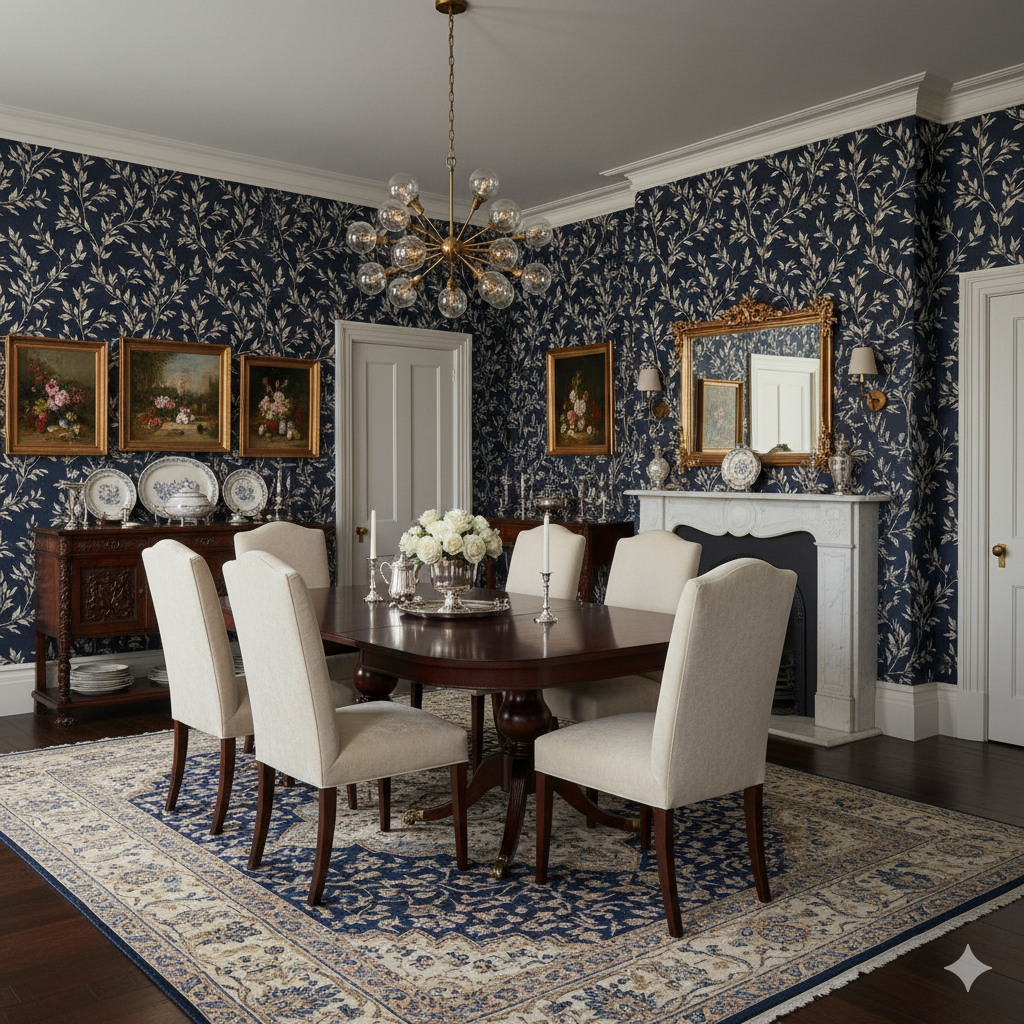 Astral Vine wallpaper in navy and white with leaf pattern, covering the dining room walls.
