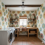 Solaris Burst Wallpaper with colorful floral pattern covering the walls of a laundry room.