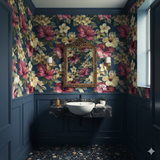 Hana Nocturne Wallpaper with dark floral pattern on navy background.