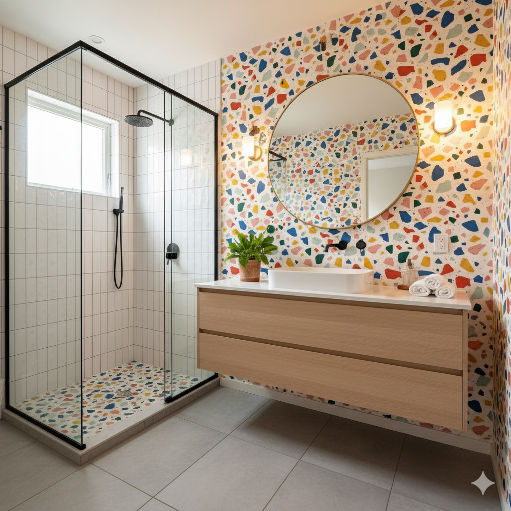 Paloma Fiesta wallpaper with colorful terrazzo pattern on the bathroom wall.