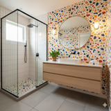 Paloma Fiesta wallpaper with colorful terrazzo pattern on the bathroom wall.