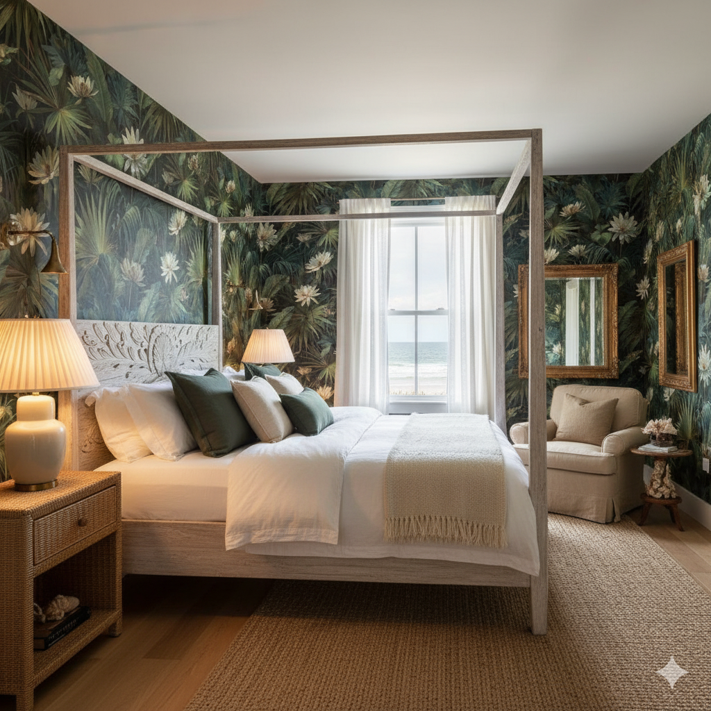 Tropical leaf pattern Cypress Veil Wallpaper with green and white accents, covering the entire bedroom wall.