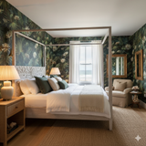 Tropical leaf pattern Cypress Veil Wallpaper with green and white accents, covering the entire bedroom wall.