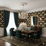 Empire gilt wallpaper featuring a fan motif, over a paneled wall and wooden floor.