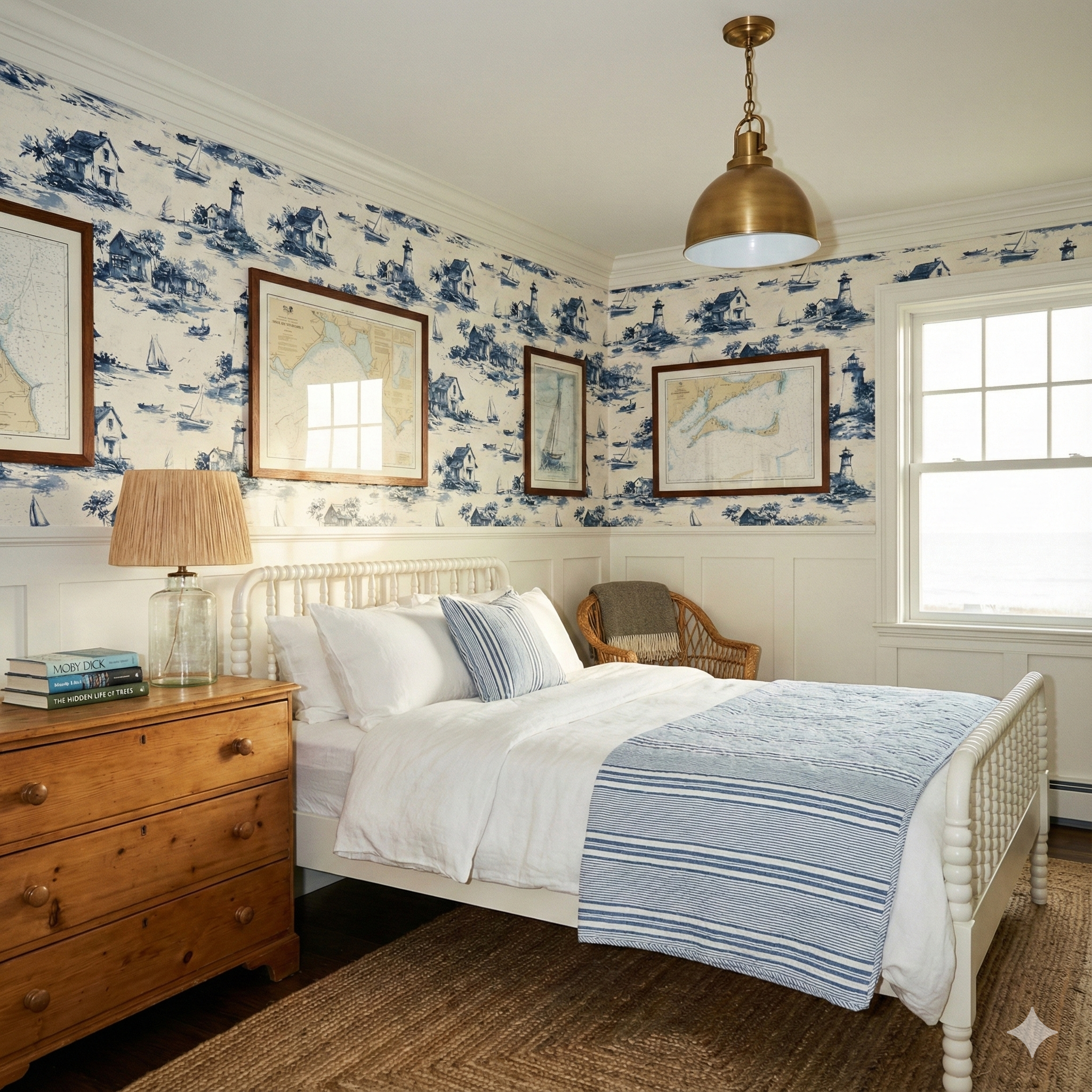 Nautical themed sketch wallpaper with lighthouse, houses and sailboats, with white wainscoting.