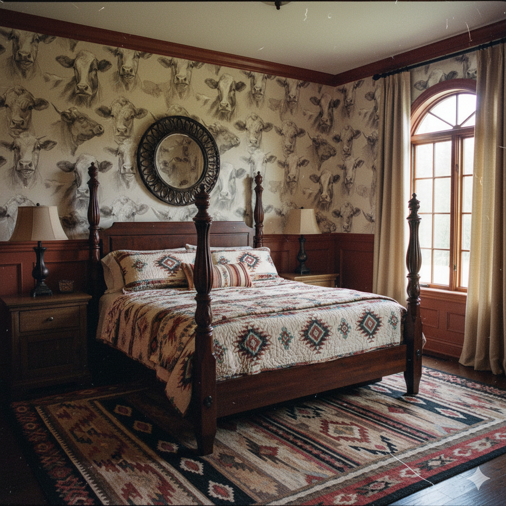 Cow-patterned Stillwater Herd Wallpaper with drawing-like animal faces, above brown paneled lower walls, in a bedroom.