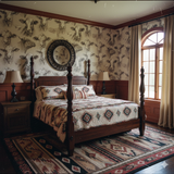 Cow-patterned Stillwater Herd Wallpaper with drawing-like animal faces, above brown paneled lower walls, in a bedroom.