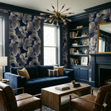 Gilded wallpaper with floral pattern, by York Wallcoverings, in a navy and gold color scheme.

