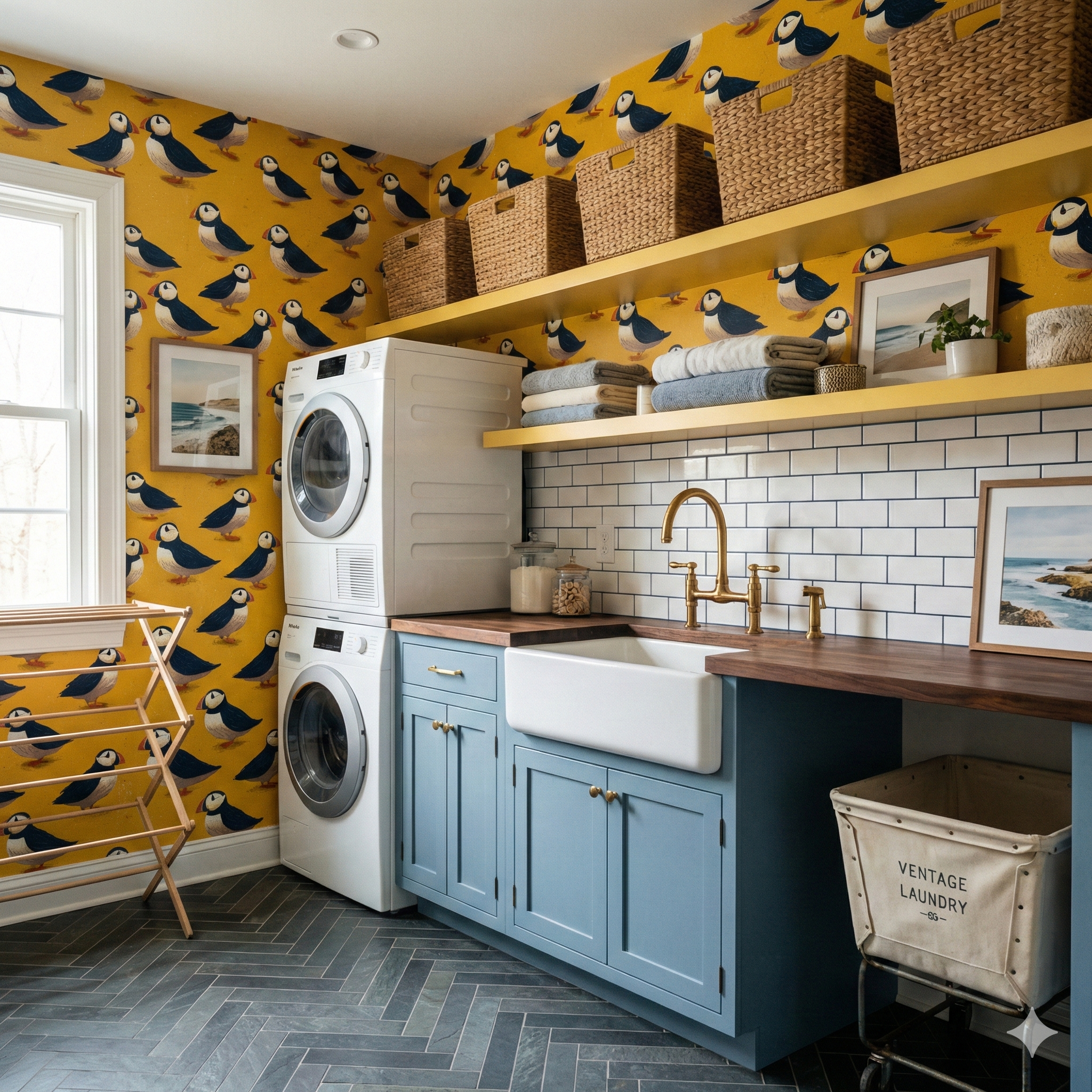 Patterned wallpaper with puffins on a golden background featuring baskets and towels.
