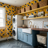 Patterned wallpaper with puffins on a golden background featuring baskets and towels.

