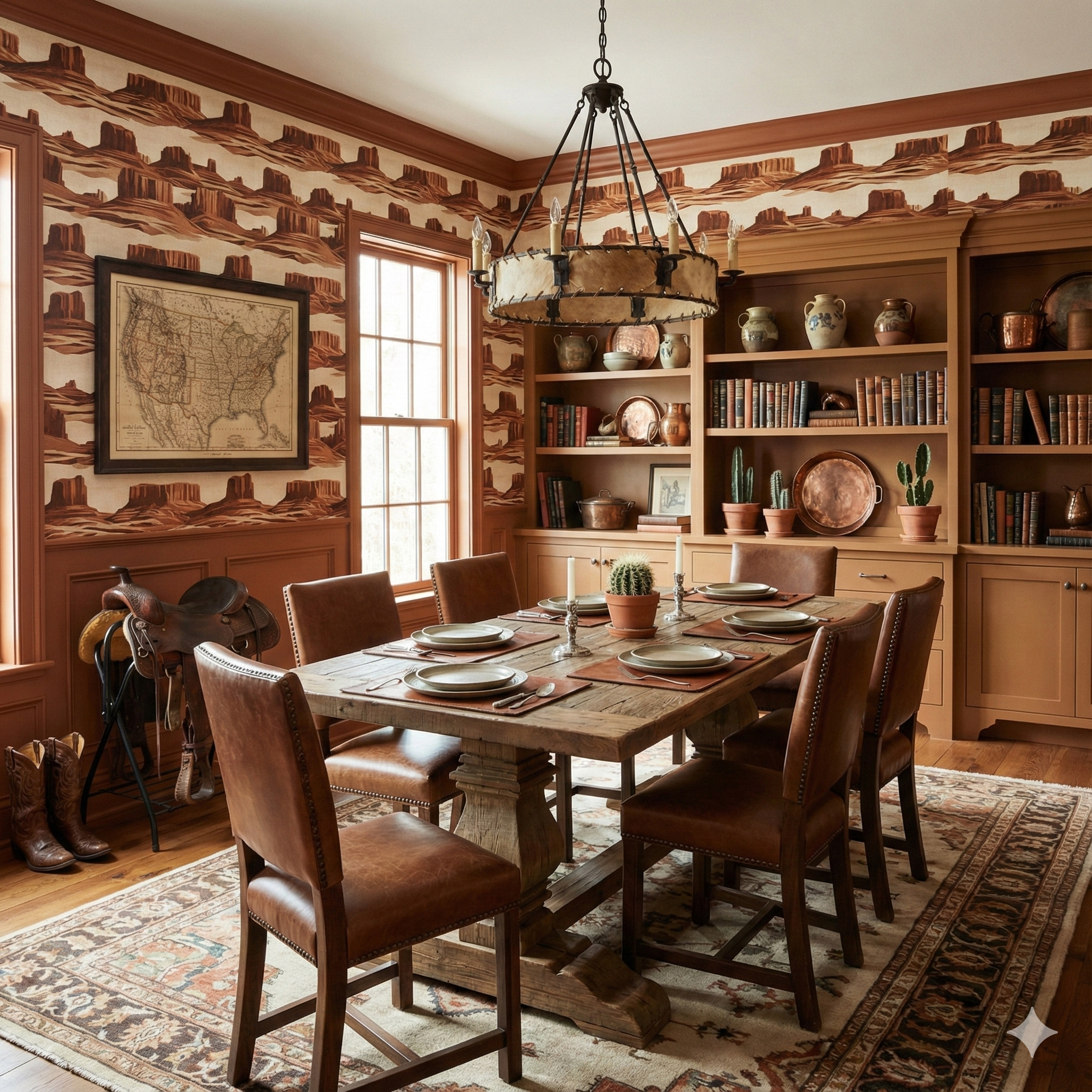 Desert-themed wallpaper with rocky butte pattern, with a painted panel wainscot.