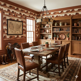 Desert-themed wallpaper with rocky butte pattern, with a painted panel wainscot.