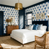 Blue Valentine Ledger Wallpaper with blue heart pattern on white background.
