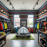 Striped wallpaper with horizontal bands by Sierra, in a retail store with outdoor gear.