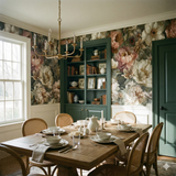 Floral wallpaper with vintage botanical design and peony pattern on walls.