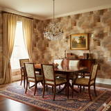 Savannah Clay wallpaper with a brown and tan geometric pattern, textured finish, in a classically decorated dining room.

