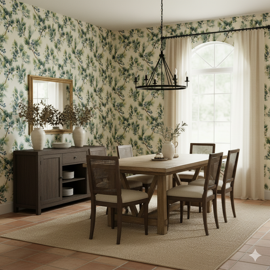 Bitterberry Field wallpaper with botanical pattern, in a dining room setting.
