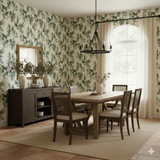 Bitterberry Field wallpaper with botanical pattern, in a dining room setting.
