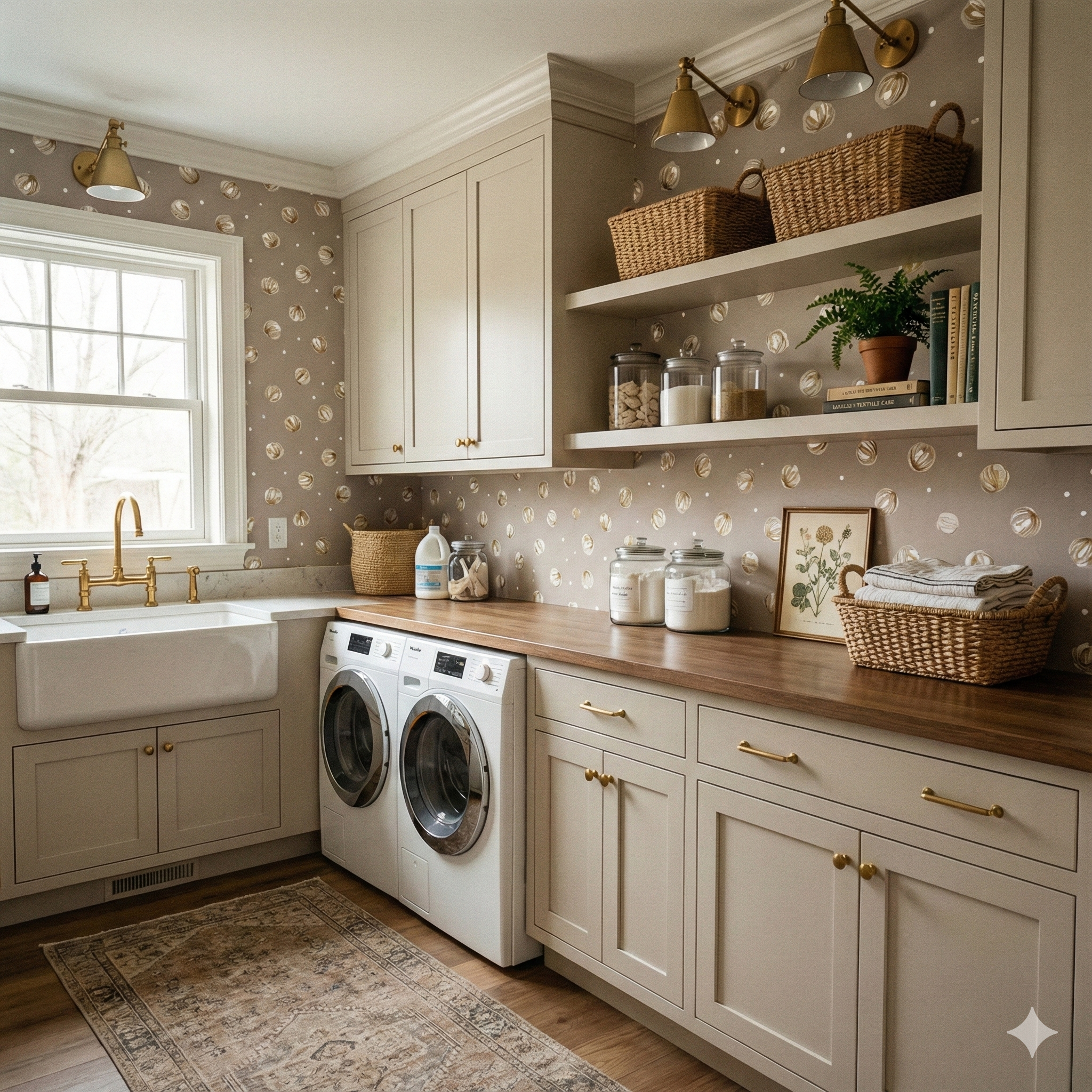 Elsinora Petals wallpaper with repeating floral pattern and white polka dots on taupe background.