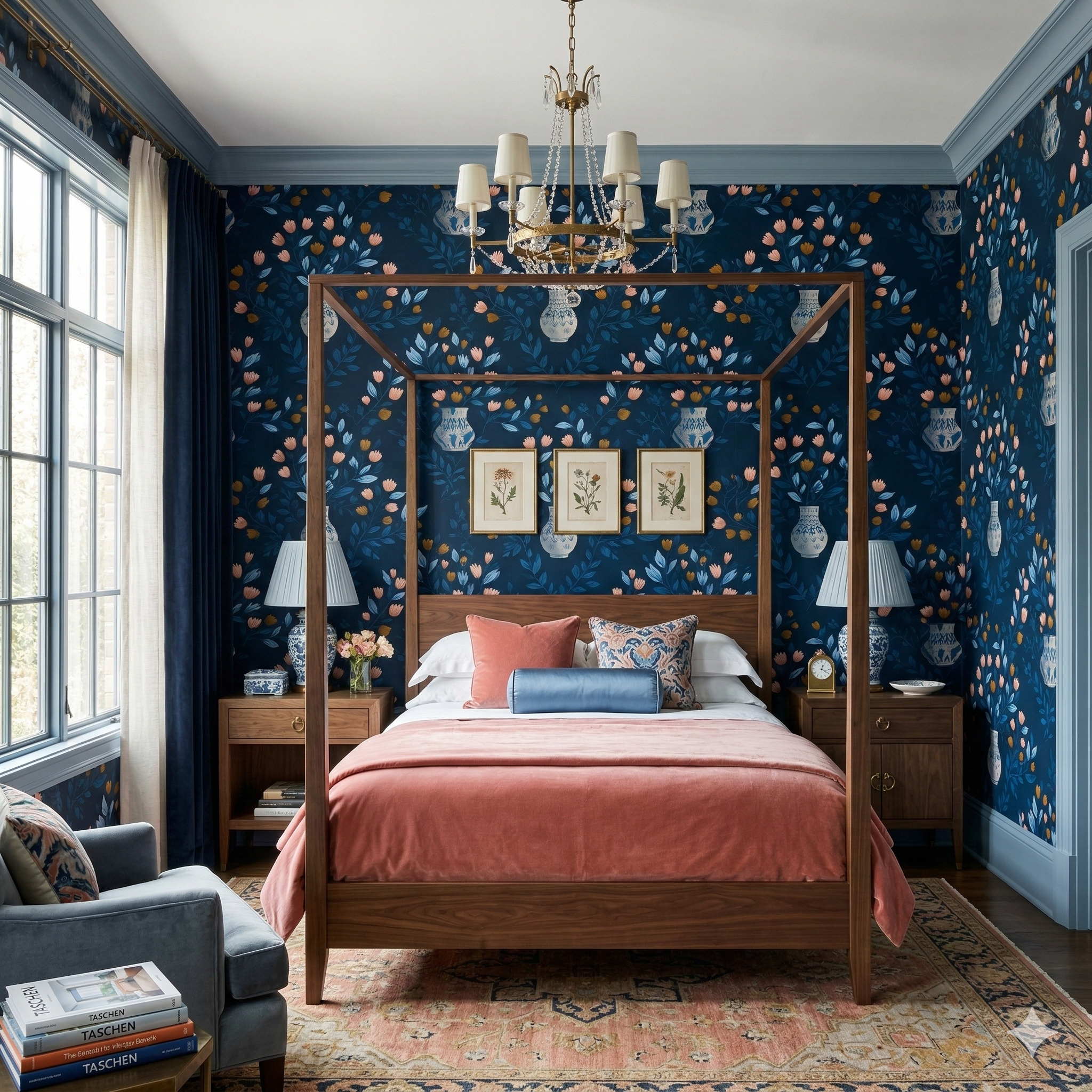Floral indigo wallpaper by Wallshoppe with vases on a dark blue background in a bedroom setting.