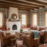 Striped wallpaper with colorful vertical stripes and subtle geometric pattern by Wallpaper Direct in a southwestern-style living room.
