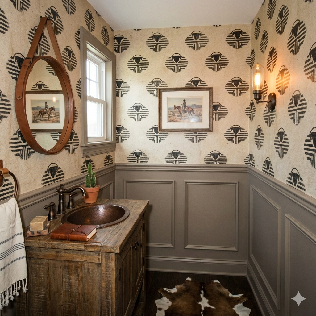 Brandmark Union Wallpaper with a unique geometric pattern, covering the bathroom walls above a paneled wainscot.