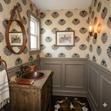 Brandmark Union Wallpaper with a unique geometric pattern, covering the bathroom walls above a paneled wainscot.