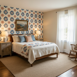 Blue Mesa Quilt Wallpaper with a floral pattern over an off-white background.
