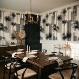 Columnar wallpaper with black linear trees pattern, and white paneling on the lower wall.