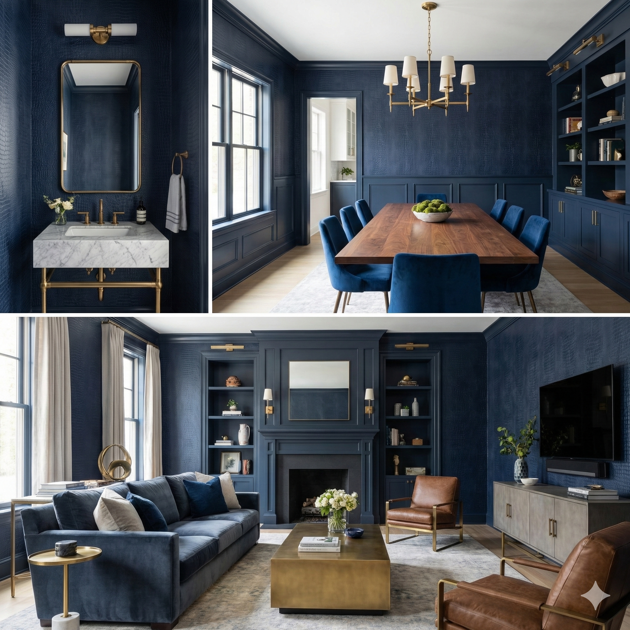 Indigo croc wallpaper with an embossed crocodile pattern, creating a luxurious, textured wall covering.
