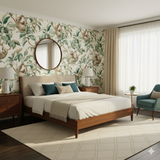Sloth and loiter wallpaper featuring hanging sloths and lush greenery, with a circular mirror in a bedroom setting.
