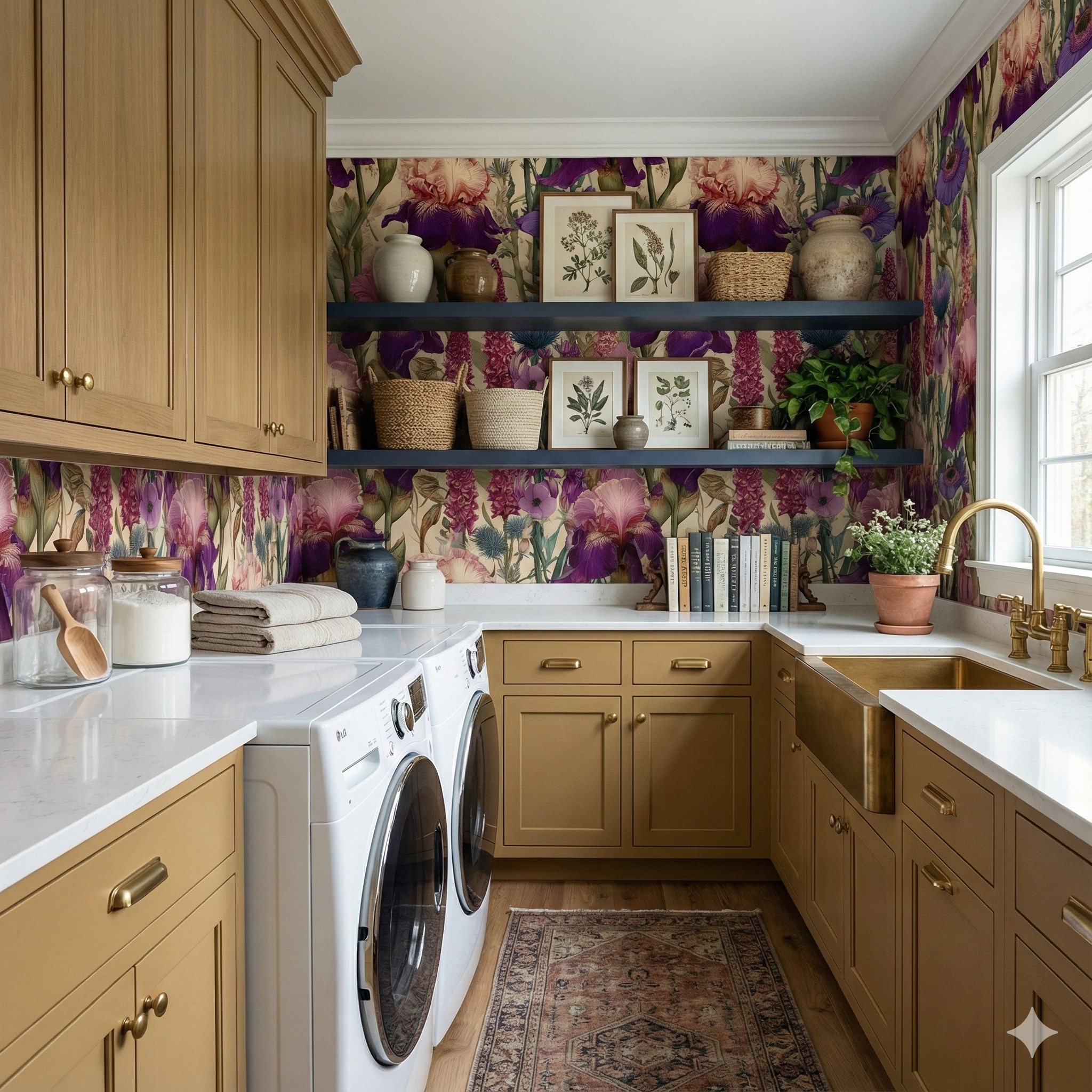 Floral wallpaper featuring purple irises and foliage, with a colorful botanical print.