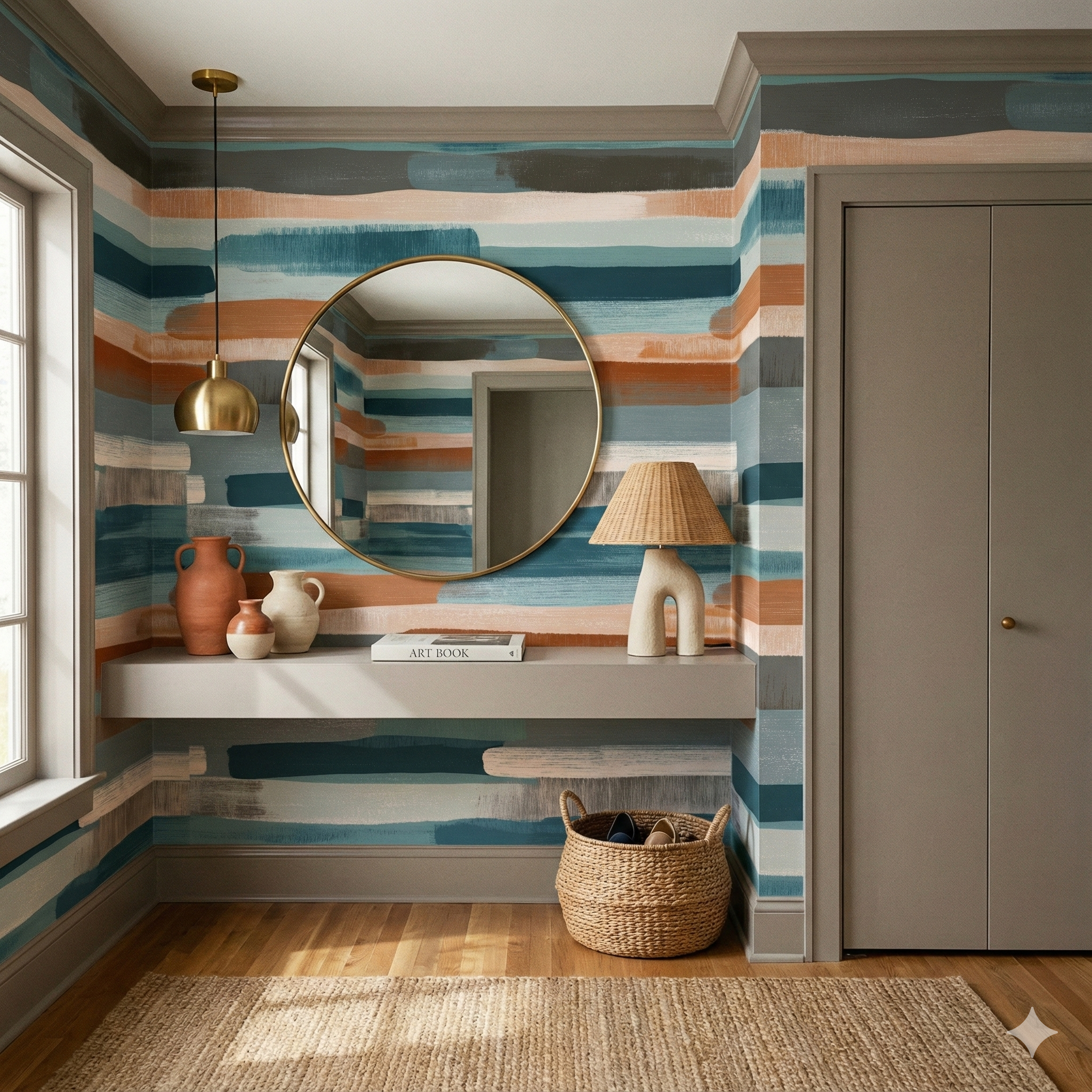 Carmel Brushwalk wallpaper with horizontal stripe pattern and hand-painted brush stroke textures.