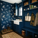 Angler’s Keepsake Flies Wallpaper with fishing fly pattern on a navy blue backdrop.
