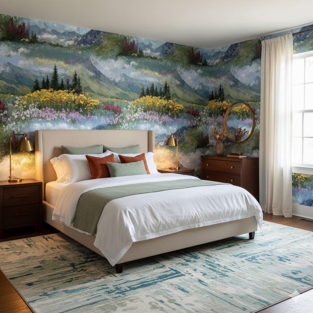 Painterly Alpine Bloom Wallpaper with mountain and wildflower design, covering the walls in a bedroom.