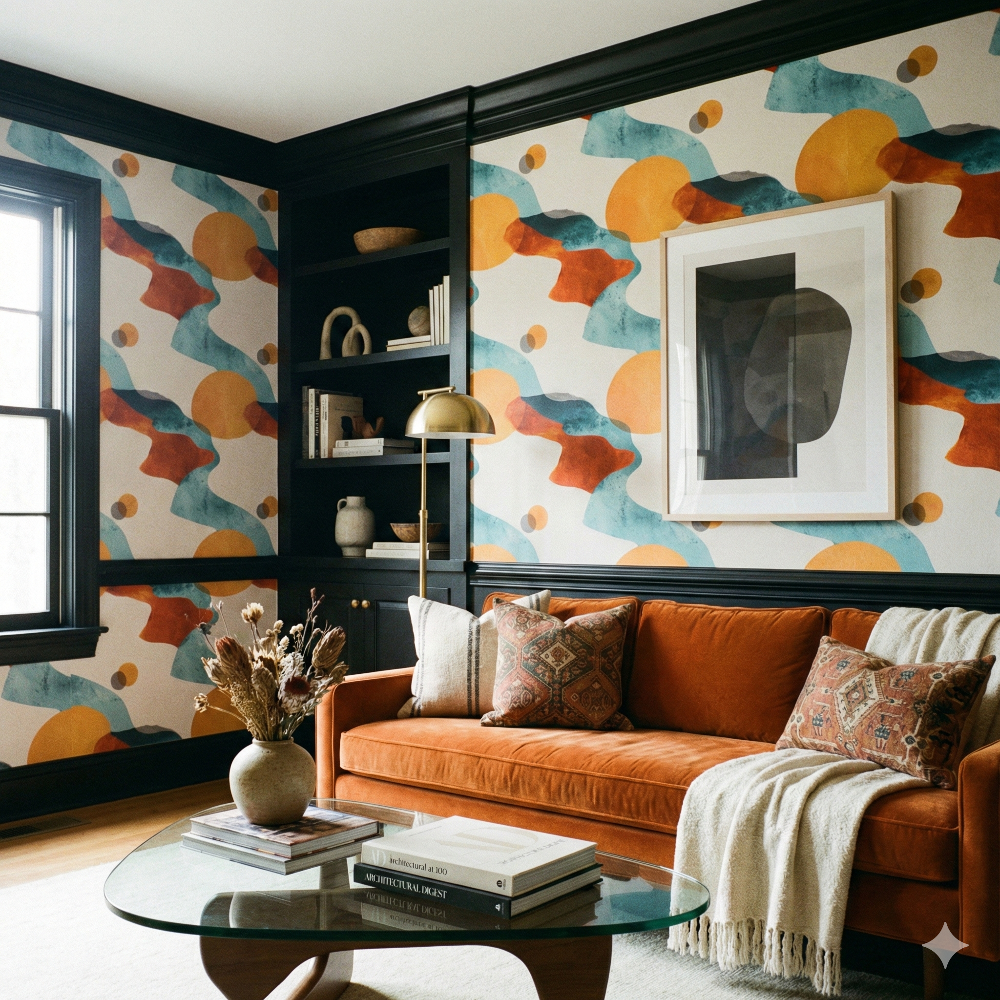 Colorful abstract pattern wallpaper with shapes and spots, styled behind an orange velvet sofa.