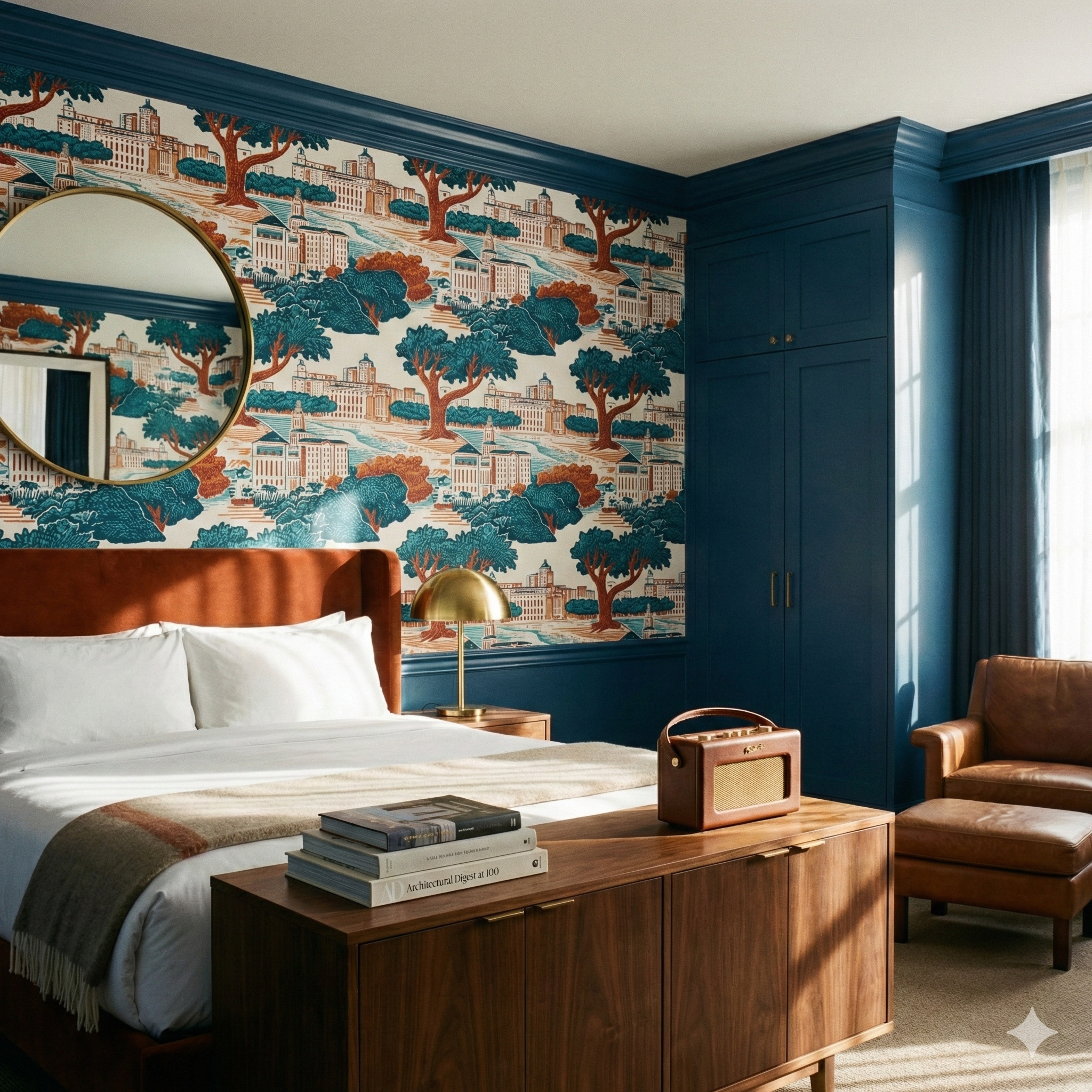 Scenic wallpaper with blue trees and building pattern, adorning a bedroom wall.